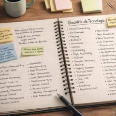 Gloss&aacute;rio de Tecnologia em um caderno aberto em uma mesa de madeira.