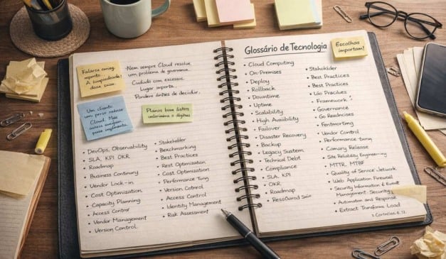 Glossário de Tecnologia em um caderno aberto em uma mesa de madeira.