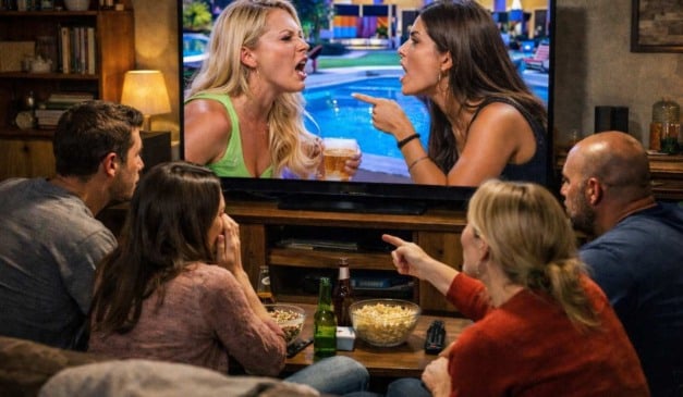 Grupo assistindo TV: duas mulheres discutindo em um programa, enquanto o grupo reage.