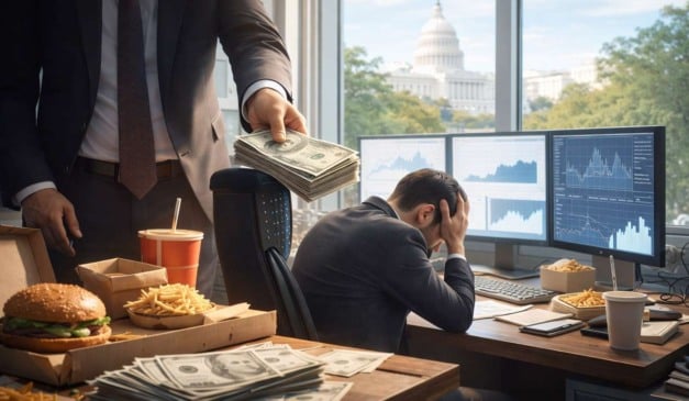 Homem de terno com a mão na cabeça frustrado em frente a monitores de gráficos financeiros. Dinheiro e comida na mesa.