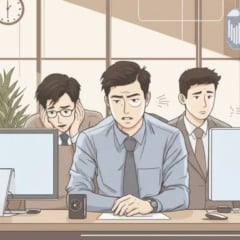 Ilustra&ccedil;&atilde;o de escrit&oacute;rio com pessoas trabalhando em computadores, clima de tens&atilde;o e preocupa&ccedil;&atilde;o.