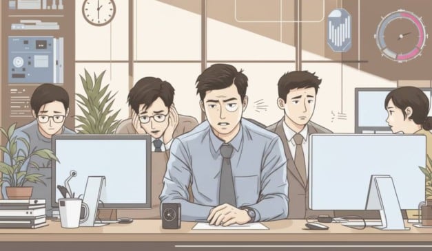 Ilustração de escritório com pessoas trabalhando em computadores, clima de tensão e preocupação.