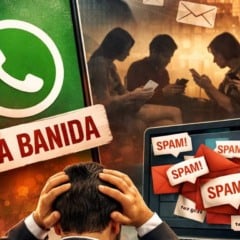 Imagem sobre conta banida no WhatsApp, com &iacute;cone, aviso e pessoas usando celulares, al&eacute;m de mensagens de spam.