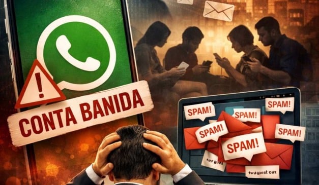 Imagem sobre conta banida no WhatsApp, com ícone, aviso e pessoas usando celulares, além de mensagens de spam.