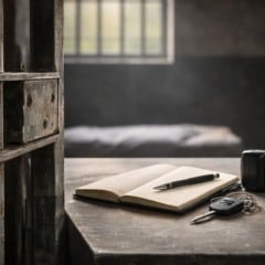 Interior de cela de pris&atilde;o com grades, caderno, caneta, chaves e algema.