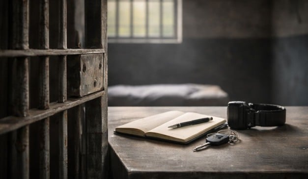Interior de cela de prisão com grades, caderno, caneta, chaves e algema.