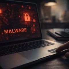 Laptop com tela mostrando 'MALWARE' e &iacute;cones de cadeado, com dedo pressionando o touchpad.