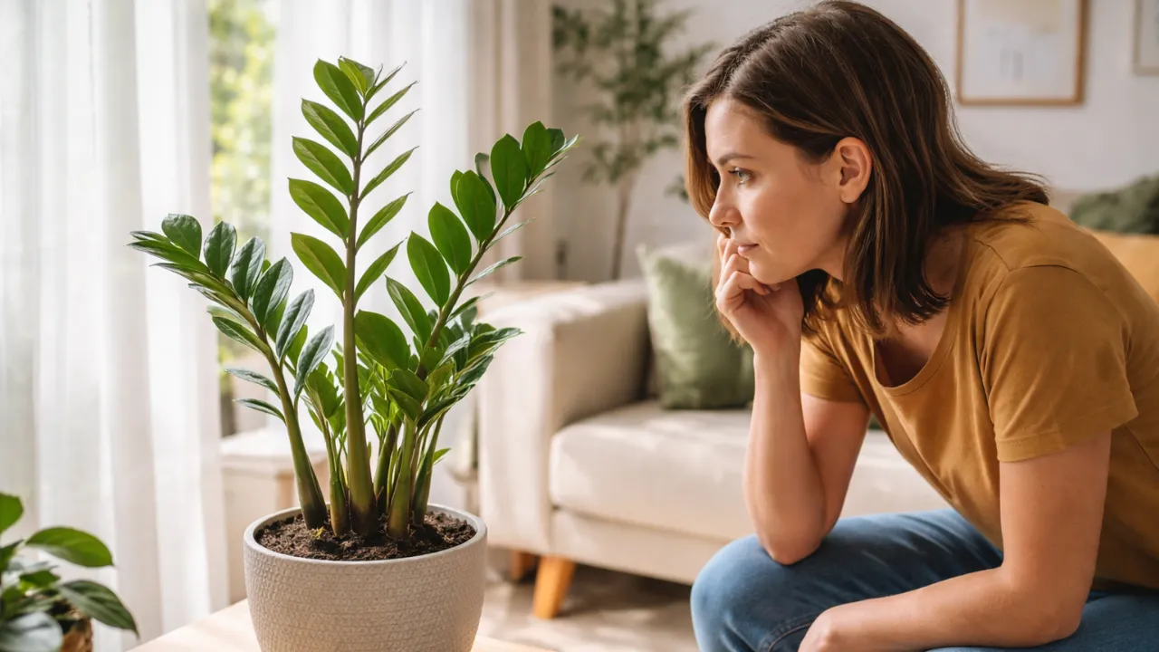 Mulher apreciando uma planta zamioculca