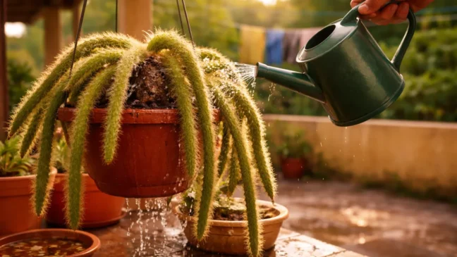 Regando o cacto rabo-de-macaco ao sol-1280x720