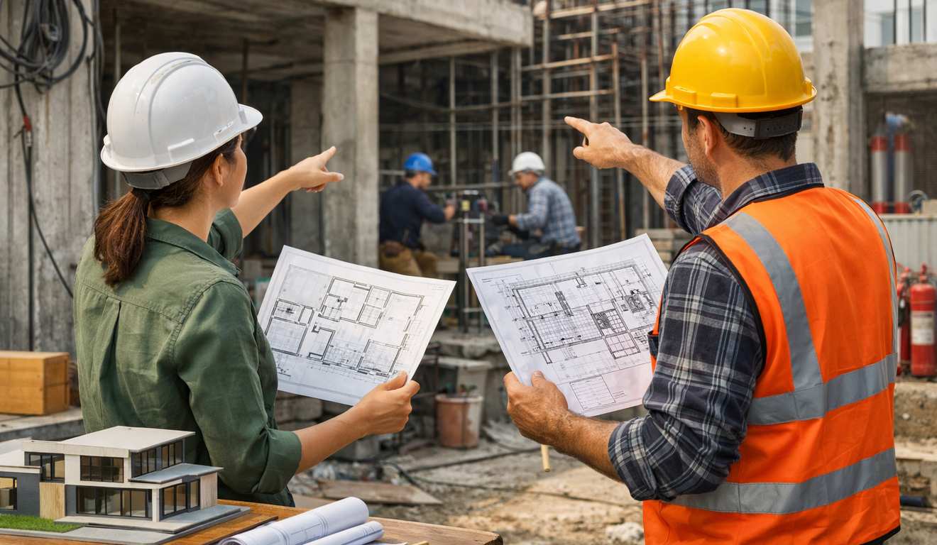 Arquitetos e engenheiros apontando para a construção, segurando plantas, com modelos de casas e trabalhadores no fundo. Arquitetos e engenheiros apontando para a construção, segurando plantas, com modelos de casas e trabalhadores no fundo.