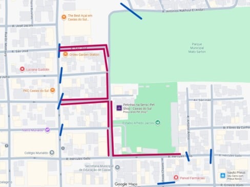 SMTTM chama atenção para bloqueios próximos ao Estádio Alfredo Jaconi. Pontos estão marcados em azul no mapa que, em vermelho, indica também os locais reservados para comerciantes
