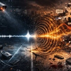 C&acirc;mera de seguran&ccedil;a e dados digitais, com ondas sonoras e multid&atilde;o em um evento.