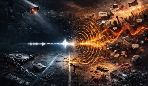 Câmera de segurança e dados digitais, com ondas sonoras e multidão em um evento.