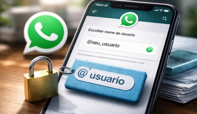 Celular com interface do WhatsApp, cadeado e tag com '@usuario' em destaque.