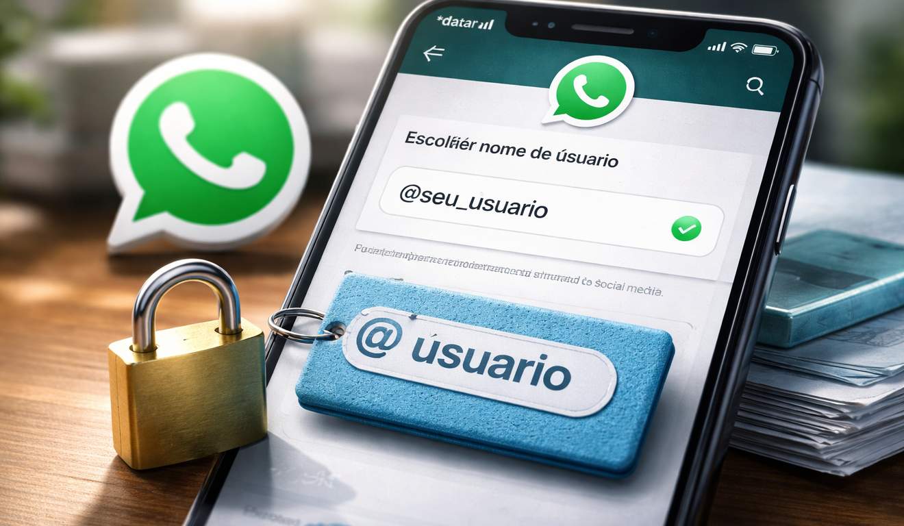 Celular com interface do WhatsApp, cadeado e tag com '@usuario' em destaque. Celular com interface do WhatsApp, cadeado e tag com '@usuario' em destaque.