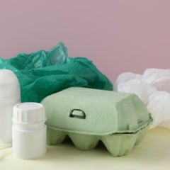 Composi&ccedil;&atilde;o com pl&aacute;stico e embalagens de ovos, simbolizando lixo e polui&ccedil;&atilde;o ambiental.