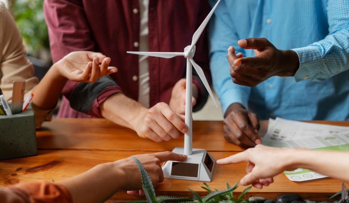 Grupo de pessoas reunidas em torno de uma maquete de turbina eólica, com dedos apontando. Grupo de pessoas reunidas em torno de uma maquete de turbina eólica, com dedos apontando.