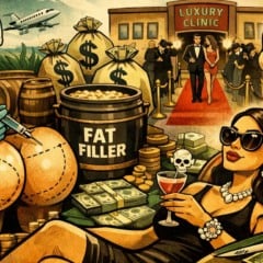 Ilustra&ccedil;&atilde;o de cl&iacute;nica de est&eacute;tica com m&eacute;dico injetando gordura, dinheiro e mulher rica.