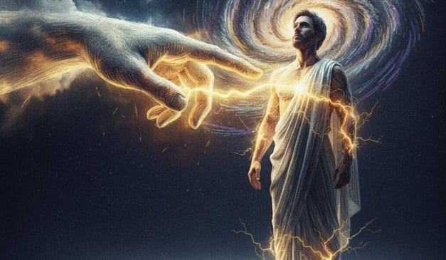 Ilustração de homem tocado por mão divina, com energia fluindo, em fundo cósmico.