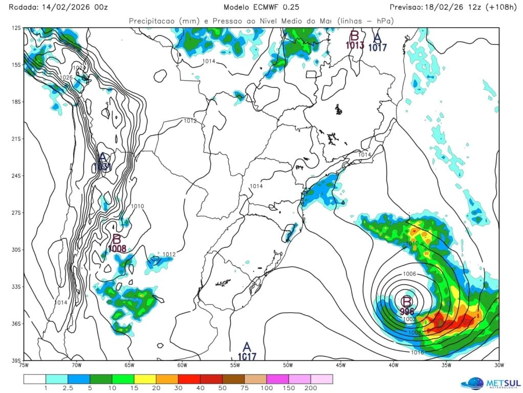 Uma área de baixa pressão atmosférica vai dar lugar a um ciclone extratropical. (Imagem: Metsul) Uma área de baixa pressão atmosférica vai dar lugar a um ciclone extratropical. (Imagem: Metsul)