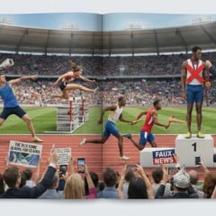Imagem sat&iacute;rica de um evento esportivo: atletas competindo, m&iacute;dia com 'Faux News', pessoas com celular e um homem de chap&eacute;u de alum&iacute;nio.