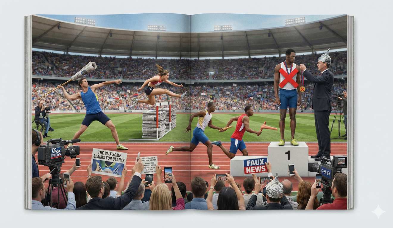 Imagem satírica de um evento esportivo: atletas competindo, mídia com 'Faux News', pessoas com celular e um homem de chapéu de alumínio. Imagem satírica de um evento esportivo: atletas competindo, mídia com 'Faux News', pessoas com celular e um homem de chapéu de alumínio.