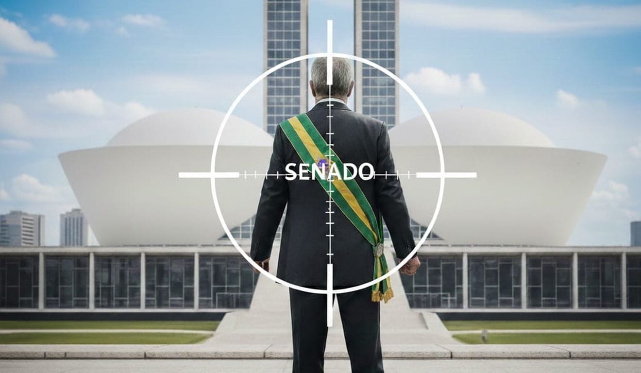 Senador brasileiro sob mira, com o Senado Federal ao fundo. Senador brasileiro sob mira, com o Senado Federal ao fundo.